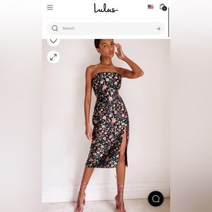 NWT Lulus Make a Move Black Satin Floral Jacquard Strapless Midi Dress